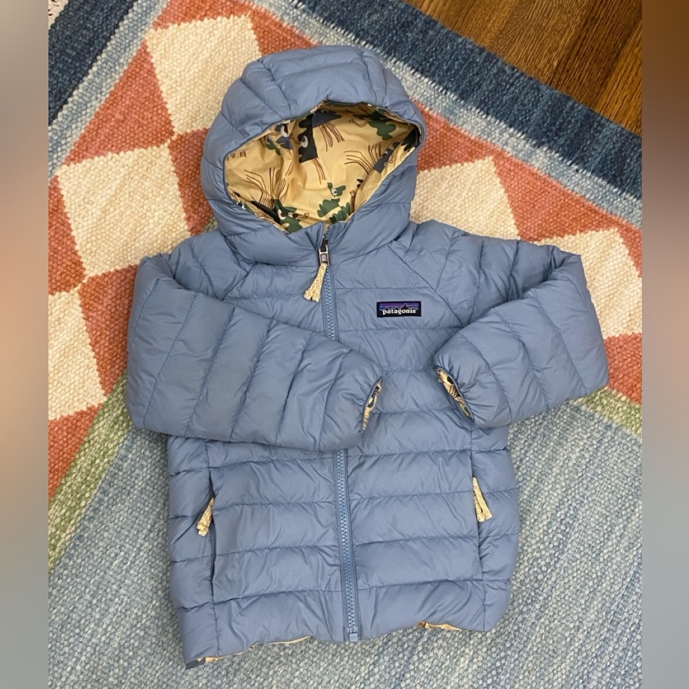 Patagonia Baby Reversible Down Sweater Hoody Puffer Jacket Coat 4T Blue Trees - Picture 2 of 6